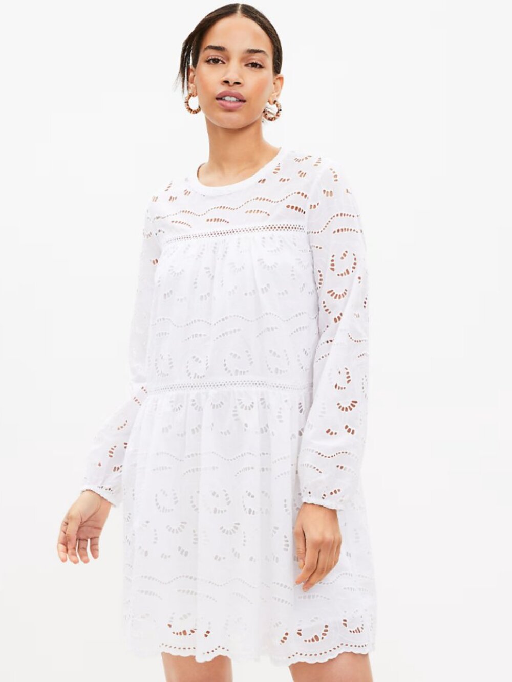 LOFT White Eyelet Long Sleeve Swing Dress